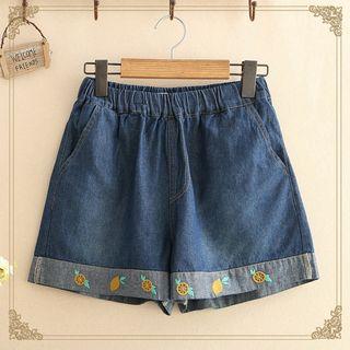Lemon Embroidered Wide-leg Denim Shorts