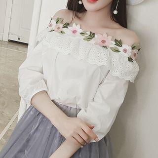 3/4-sleeve Off Shoulder Floral Embroidery Top