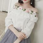3/4-sleeve Off Shoulder Floral Embroidery Top