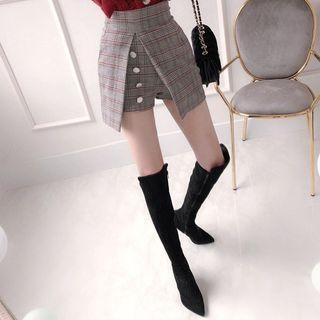Inset Button-trim Shorts Slit-front Plaid Mini Skirt