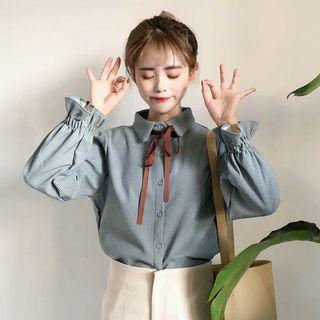 Stand-collar Bell-sleeve Straight Striped Bow Blouse