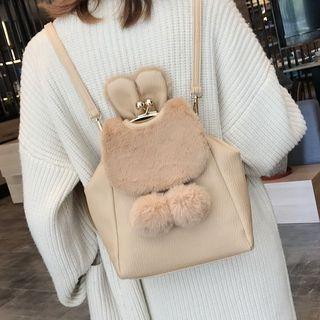 Faux Leather Rabbit Ear Pompom Kiss Lock Backpack