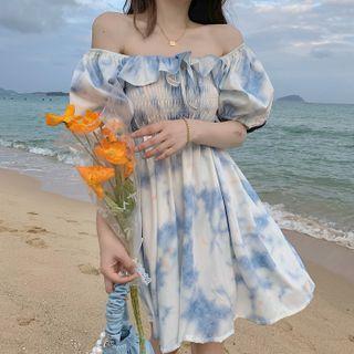 Puff-sleeve Off-shoulder Ruffle Trim Mini A-line Dress