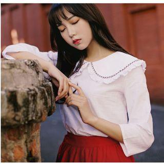 Embroidered Frill Trim Long Sleeve Blouse