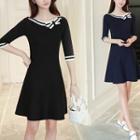 Bow Elbow-sleeve Tie-waist Crewneck A-line Slim Sheath Knitted Dress