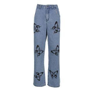 Butterfly Pattern High Waist Straight Jeans