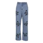 Butterfly Pattern High Waist Straight Jeans