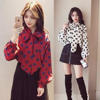 Tie-neck Dotted Long-sleeve Blouse