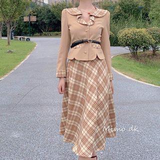 Plaid Panel Blouse / A-line Midi Skirt / Pencil Skirt / Belt / Set