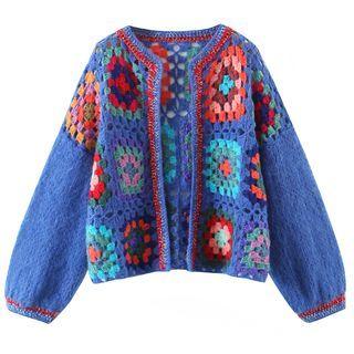 Puff Sleeve Crochet Floral Print Cardigan