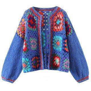 Puff Sleeve Crochet Floral Print Cardigan