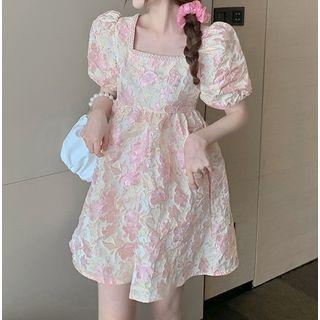 Short-sleeve Square-neck Lace Dress As Shown In Figure - One Size