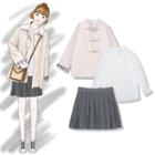 Bell-sleeve Chiffon Blouse / Pleated A-line Mini Skirt / Toggle Jacket