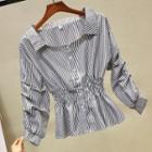 Long-sleeve Shirred Striped Blouse