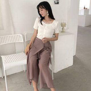 Set: Mesh Panel Short-sleeve Knit Top + Wide Leg Pants
