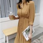 3/4-sleeve Pleated Maxi Dress