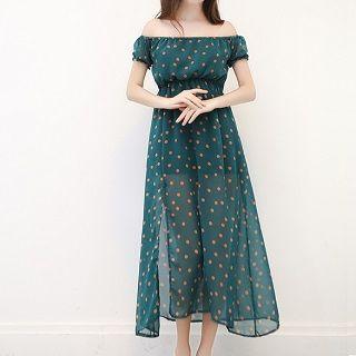 Off-shoulder Dotted Chiffon Dress