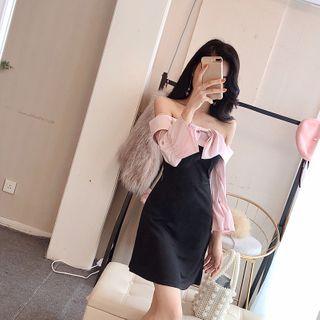 Long-sleeve Two Tone Off-shoulder Mini Dress