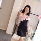 Long-sleeve Two Tone Off-shoulder Mini Dress