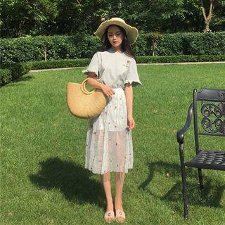 Set: Embroidered Short-sleeve T-shirt Dress + Floral Embroidered Mesh Midi Skirt