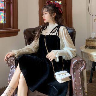 Set: Plain Blouse + Strappy A-line Dress As Shown In Figure - One Size