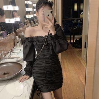 Shirred Off-shoulder Long-sleeve Slim-fit Dress