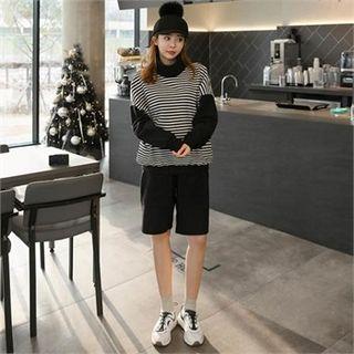 Set: Mock-neck Stripe Top + Brushed Fleece Lined Shorts