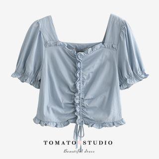 Square-neck Plain Pleated Ruffle Cropped Blouse