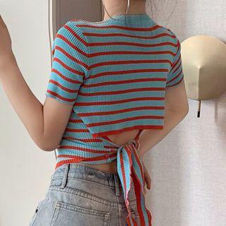 Short-sleeve Striped Back-tie T-shirt