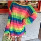 Long-sleeve Off-shoulder Rainbow Striped T-shirt As Shown In Figure - One Size