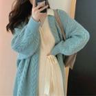 Long-sleeve Tie-waist Knit Midi A-line Dress / Cable-knit Cardigan / Set