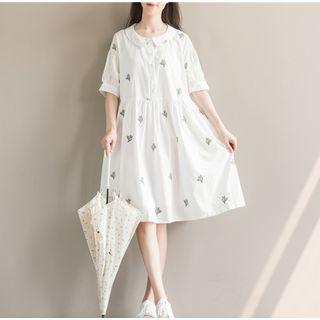 Cactus Embroidered Elbow Sleeve Collared Dress