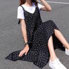 Set: Short-sleeve T-shirt + Sleeveless Asymmetric Polka Dot Chiffon Midi Dress
