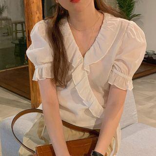 Puff-sleeve Ruffle Trim Plain Blouse White - One Size