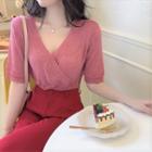 V-neck Short-sleeve Cropped Knit Top Rose Pink - One Size