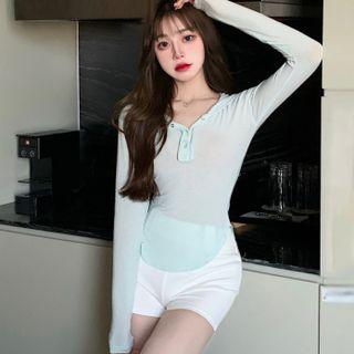 Long-sleeve Hooded T-shirt / High-waist Hot Pants