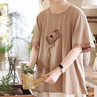 Short Sleeve Lace Trim Oversized Tee Khaki - One Size