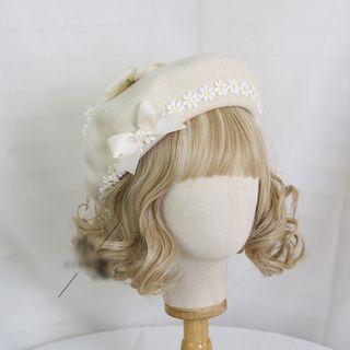 Floral Applique Bow Beret Beige - One Size