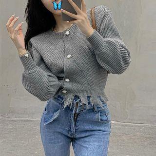 Long-sleeve Buttoned Distressed Knit Top