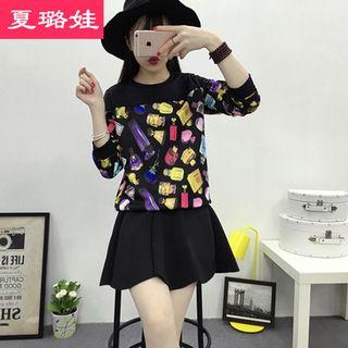 Set: Printed Pullover + Plain A-line Skirt