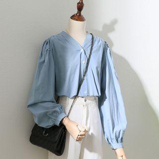 Lantern-sleeve V-neck Plain Shirt