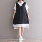 Mock Two Piece Color Panel Collared Short Sleeve Dress