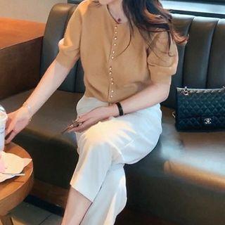 Short-sleeve Knit Top / High Waist Straight Leg Pants / Set