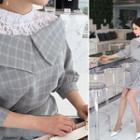 Inset Lace Top Checked A-line Dress With Sash