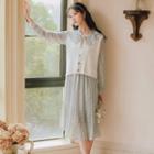 Puff-sleeve Floral Print Midi A-line Dress / Knit Vest / Set