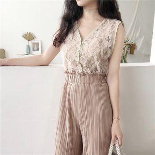 V-neck Lace Tank Top / High Waist Wide-leg Pants