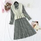 Set: Printed Long-sleeve Midi A-line Dress + Drawstring Knit Vest