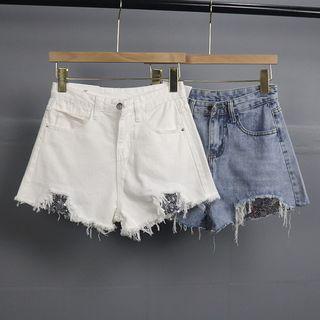 Sequin Ripped Denim Hot Pants