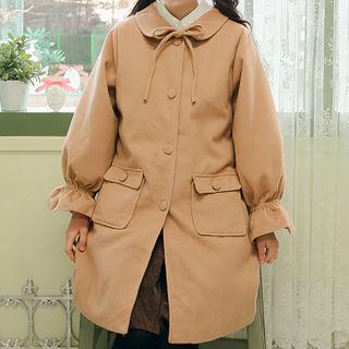 Ruffle-cuff Beribboned Single-breasted Coat Beige - One Size