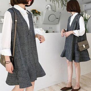 Mock Two-piece Long-sleeve Plaid Panel Mini Dress